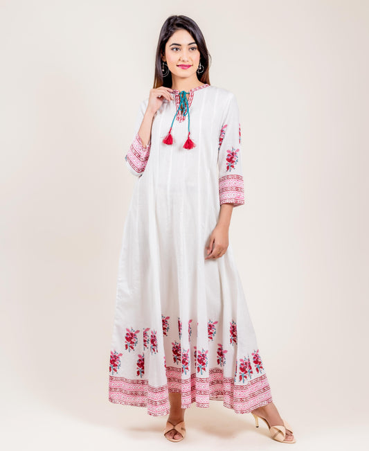 Tasseled Cotton White And Pink Long Dress
