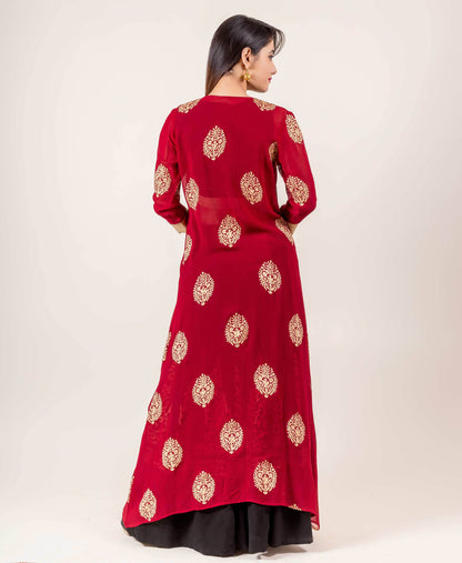 Jacket Style Indo Western Dress With Golden Prints In Red And Black Hues