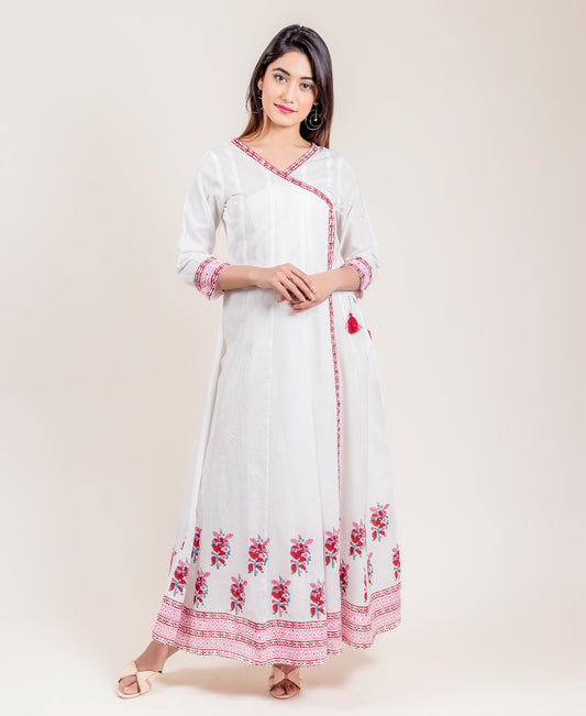 Tasseled White Printed Cotton Angrakha Long Dress