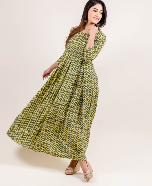 Ravishing Box Pleated Long Anarkali Gown Dress In Lime And Sage
