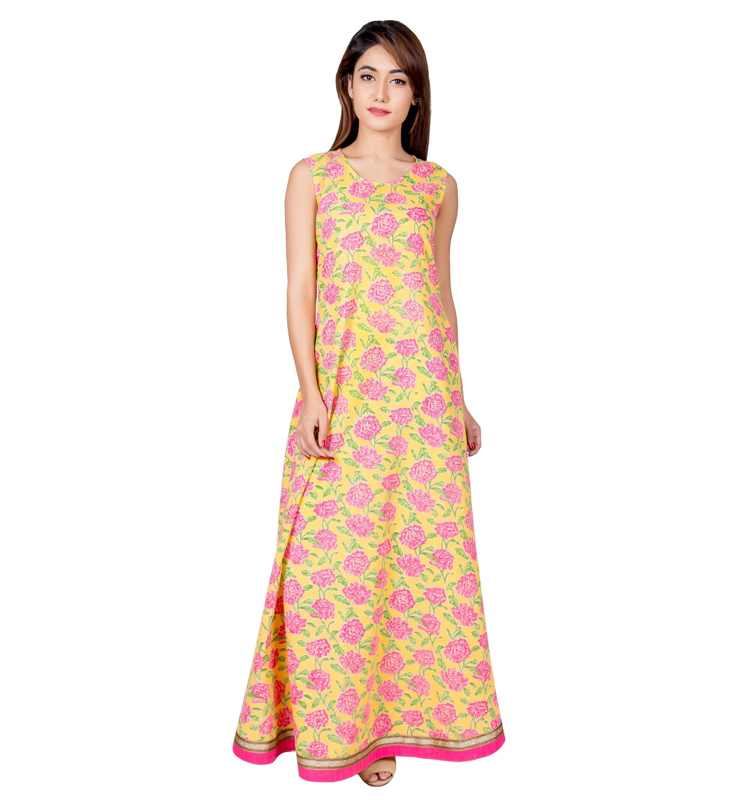 Yellow and Pink Hand Block Printed Embroidered Indo Western Dress with Chanderi Jacket