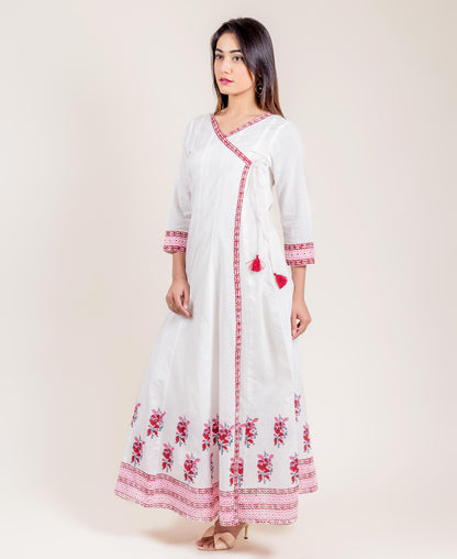 Tasseled White Printed Cotton Angrakha Long Dress