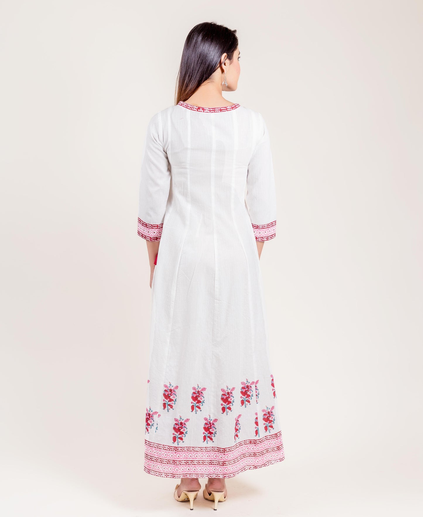 Tasseled White Printed Cotton Angrakha Long Dress