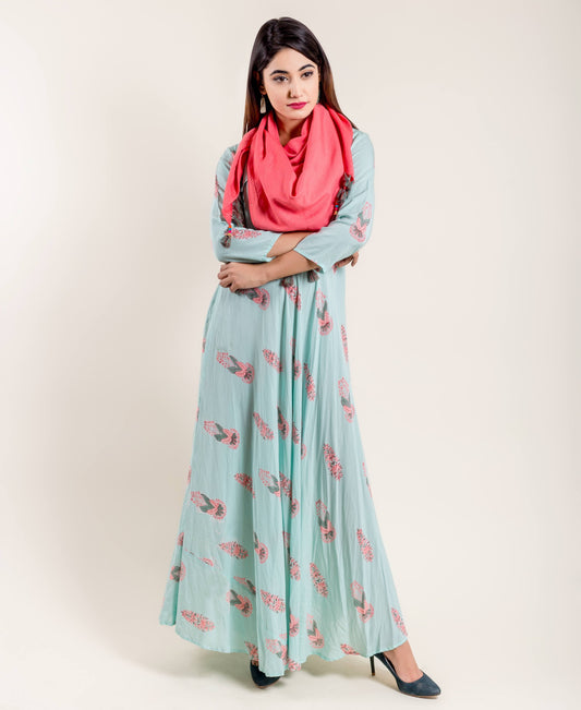 Aqua Pink Flared Floor Length Indo Western Maxi Dress Tasseled Scarf
