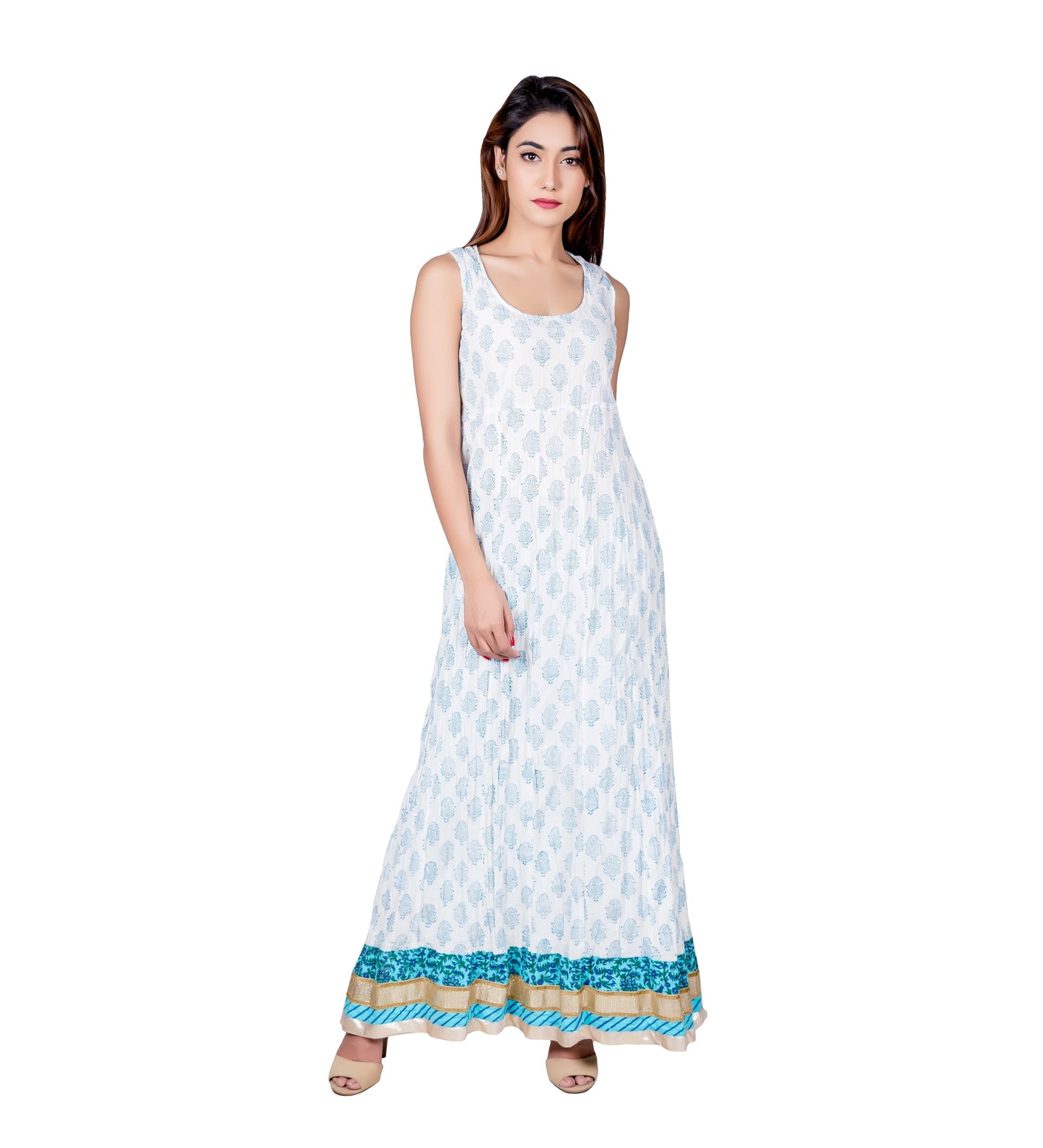 Turquoise Hand Block Printed Floor Length Indo Western Kurta Dress