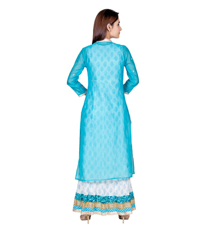 Turquoise Hand Block Printed Floor Length Indo Western Kurta Dress