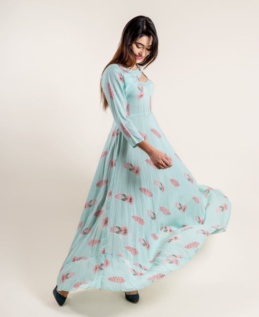 Aqua Pink Flared Floor Length Indo Western Floor Length Dress