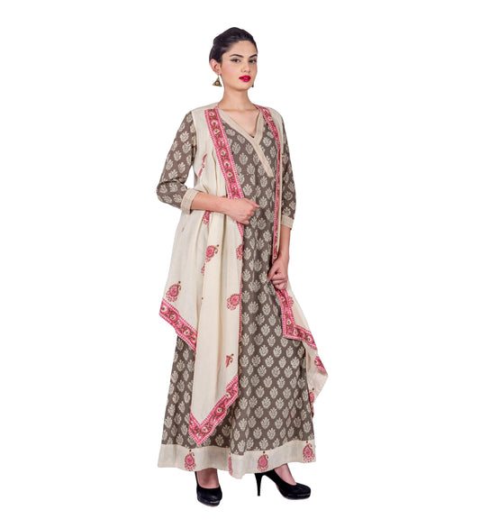 V-Neck Angrakha Style Princess Cut Floor Length Flare Dress With Asymmetrical Mid Knee Length Shrug