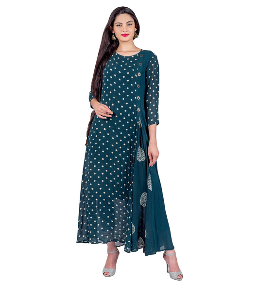 Green Georgette Dotted Indo Western Dress with Antique Coin Design