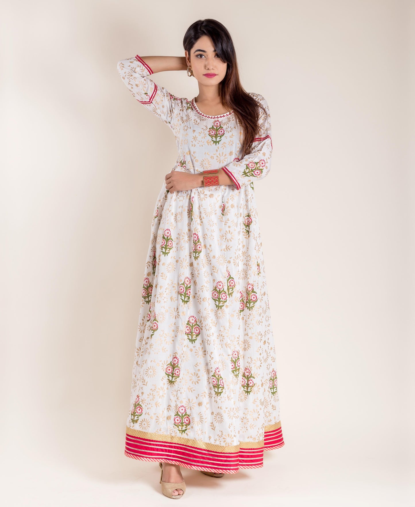 White Hand Block Printed Floor Length Flared Princess Gown