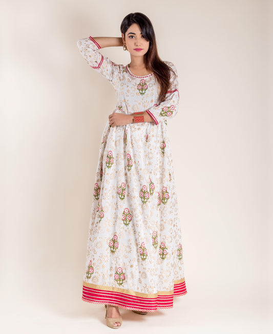 White Hand Block Printed Floor Length Flared Princess Gown
