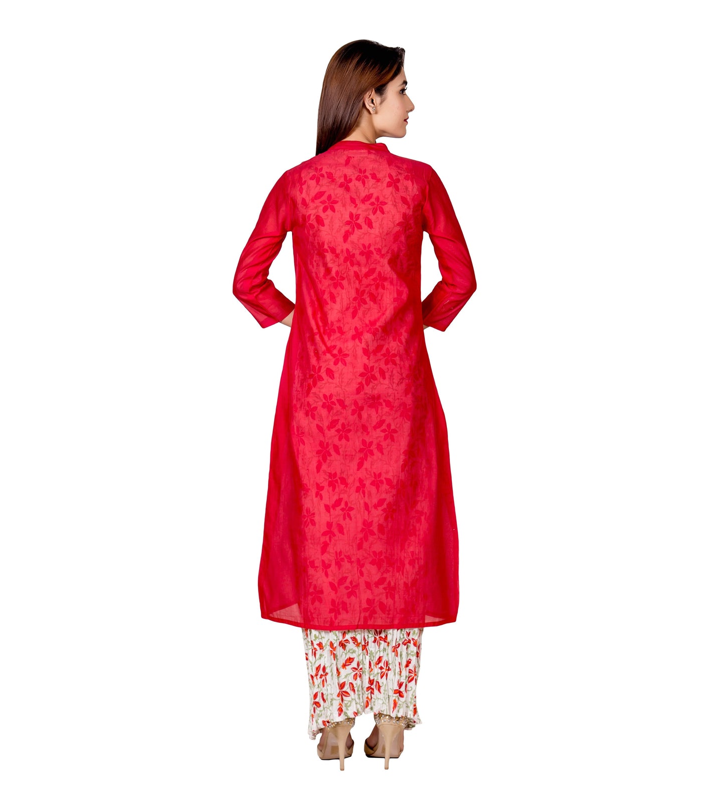 Off-White and Red Indo Western Style Long Kurta with Chanderi Jacket