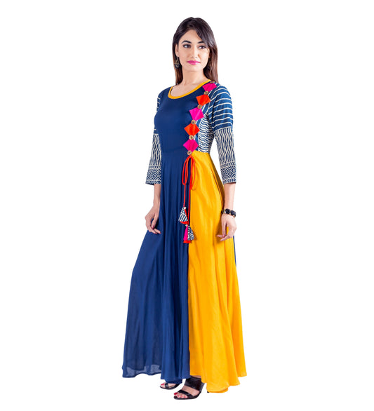 Indigo / Mustard Yellow Hand Block Print Indo Western Dress