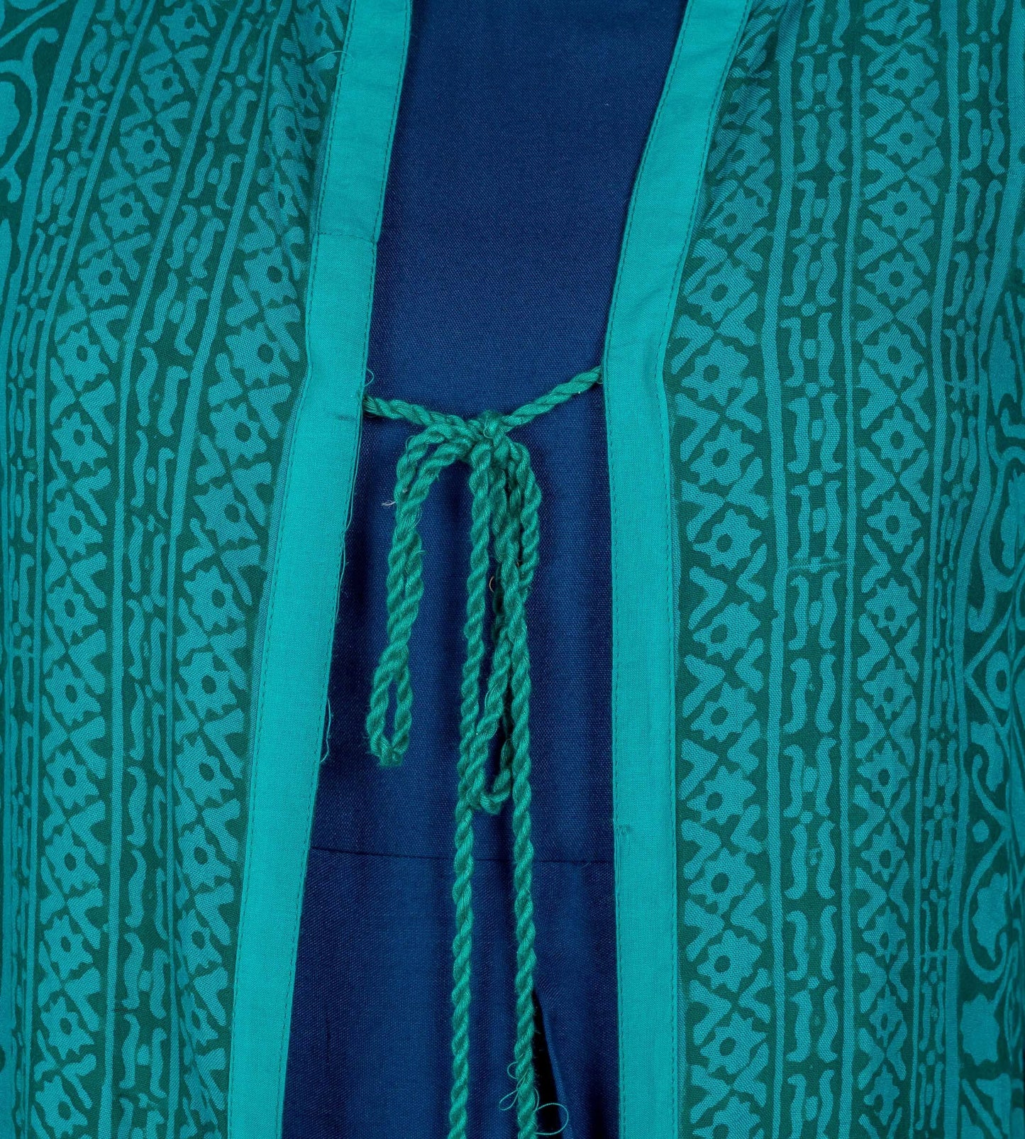 Teal Blue Hand Block Printed Jacket Dress with Embroidery