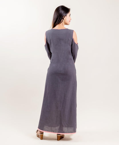 Embroidered Cotton Cold Shoulder Long Gown Dress