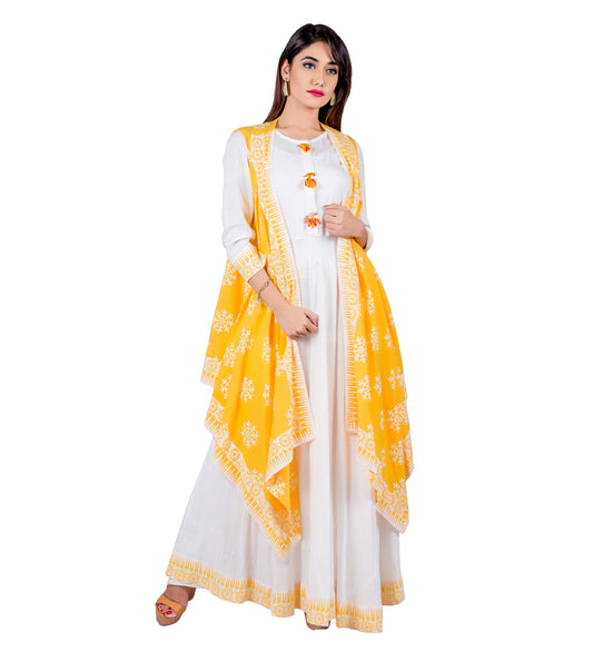 Yellow / White Indo Western Maxi Dress with Waterfall Shrug