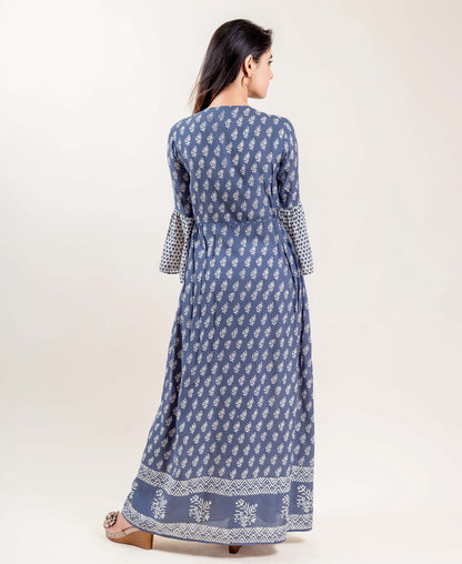 Modal Long Bell Sleeved Indo Western Dress In Blue And Grey