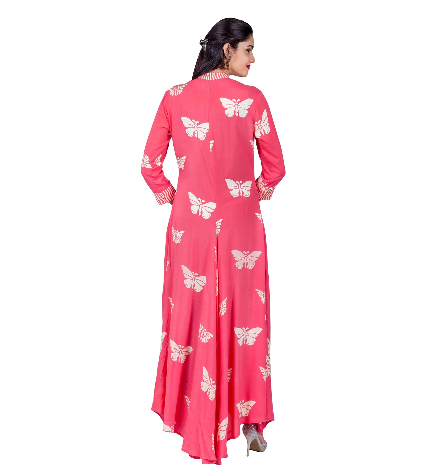 Pink Hand Block Print Indo Western Dress with Front Tassels