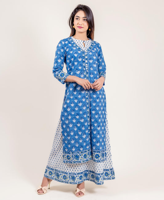 Blue And White Cotton Double Layered Long Dress
