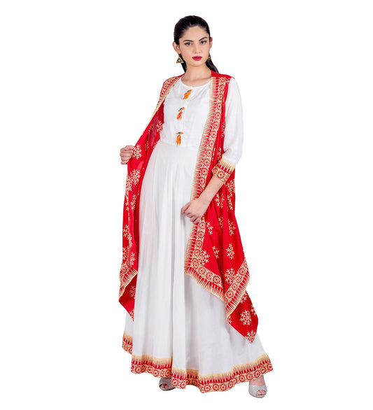 Vermilion/ White Indo Western Maxi Dress with Waterfall Shrug