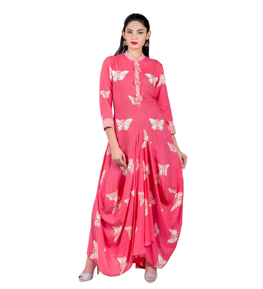 Pink Hand Block Print Indo Western Dress with Front Tassels