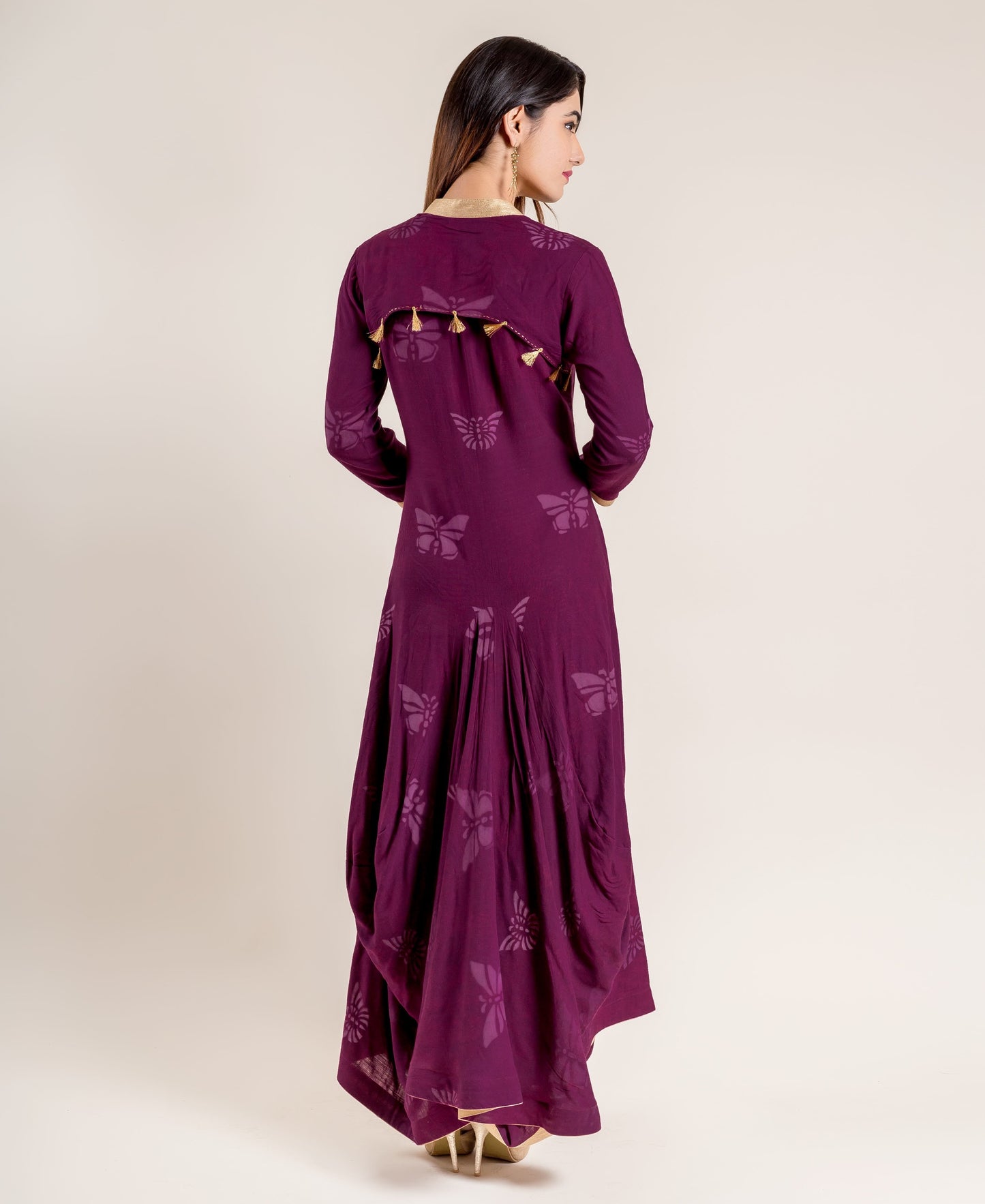 Pleated Hand Block Printed Modal Indo Western Dress In Purple