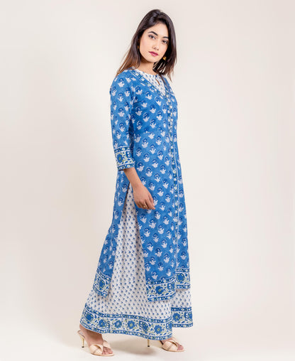 Blue And White Cotton Double Layered Long Dress