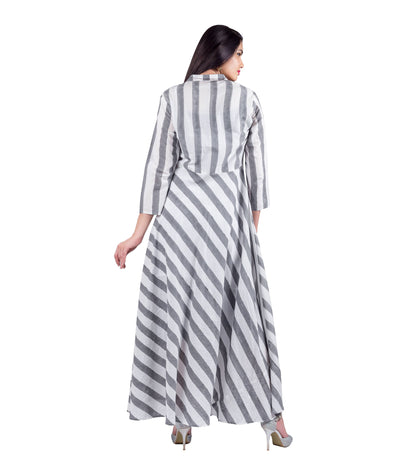 Grey / White Stripe Button Down Indo Western Jacket Dress