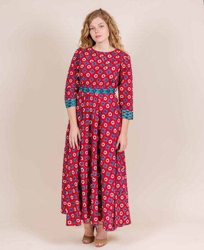 Red / Blue / Aqua Hand Block Print Indo Western Dress