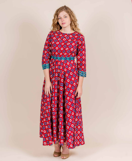 Red / Blue / Aqua Hand Block Print Indo Western Dress