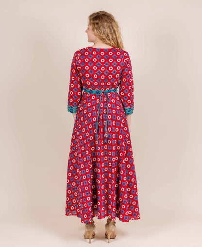 Red / Blue / Aqua Hand Block Print Indo Western Dress