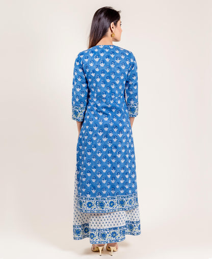 Blue And White Cotton Double Layered Long Dress