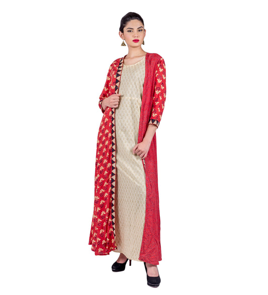 Rust Hand Block Printed Long Jacket Dress with Beige Inner