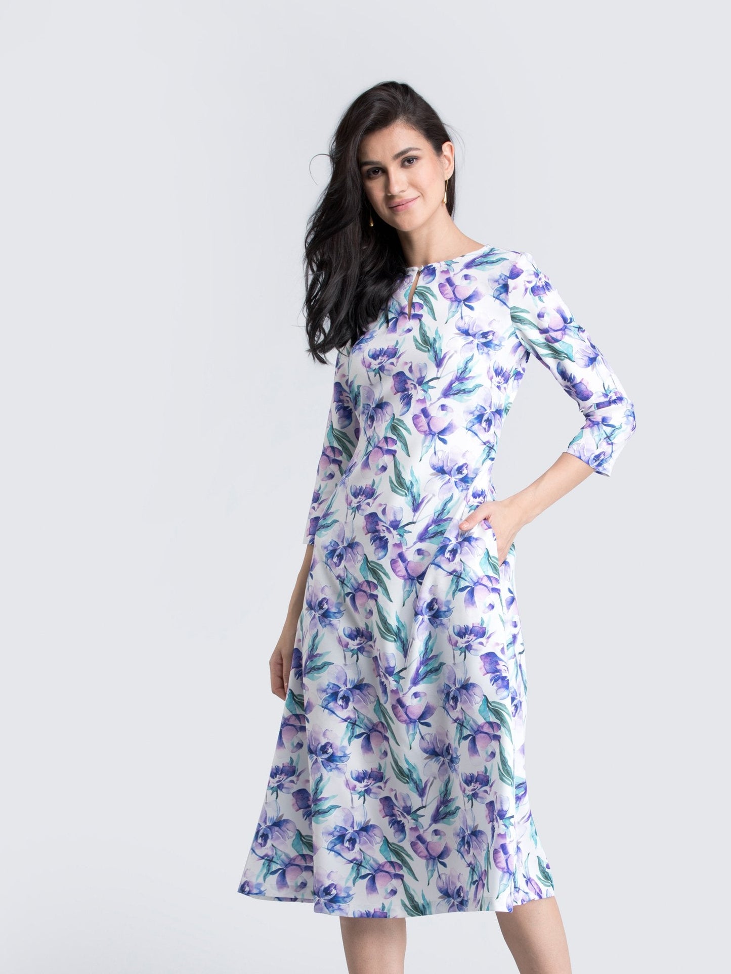 Keyhole Neck Floral A Line Midi Dress - Purple