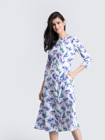 Keyhole Neck Floral A Line Midi Dress - Purple