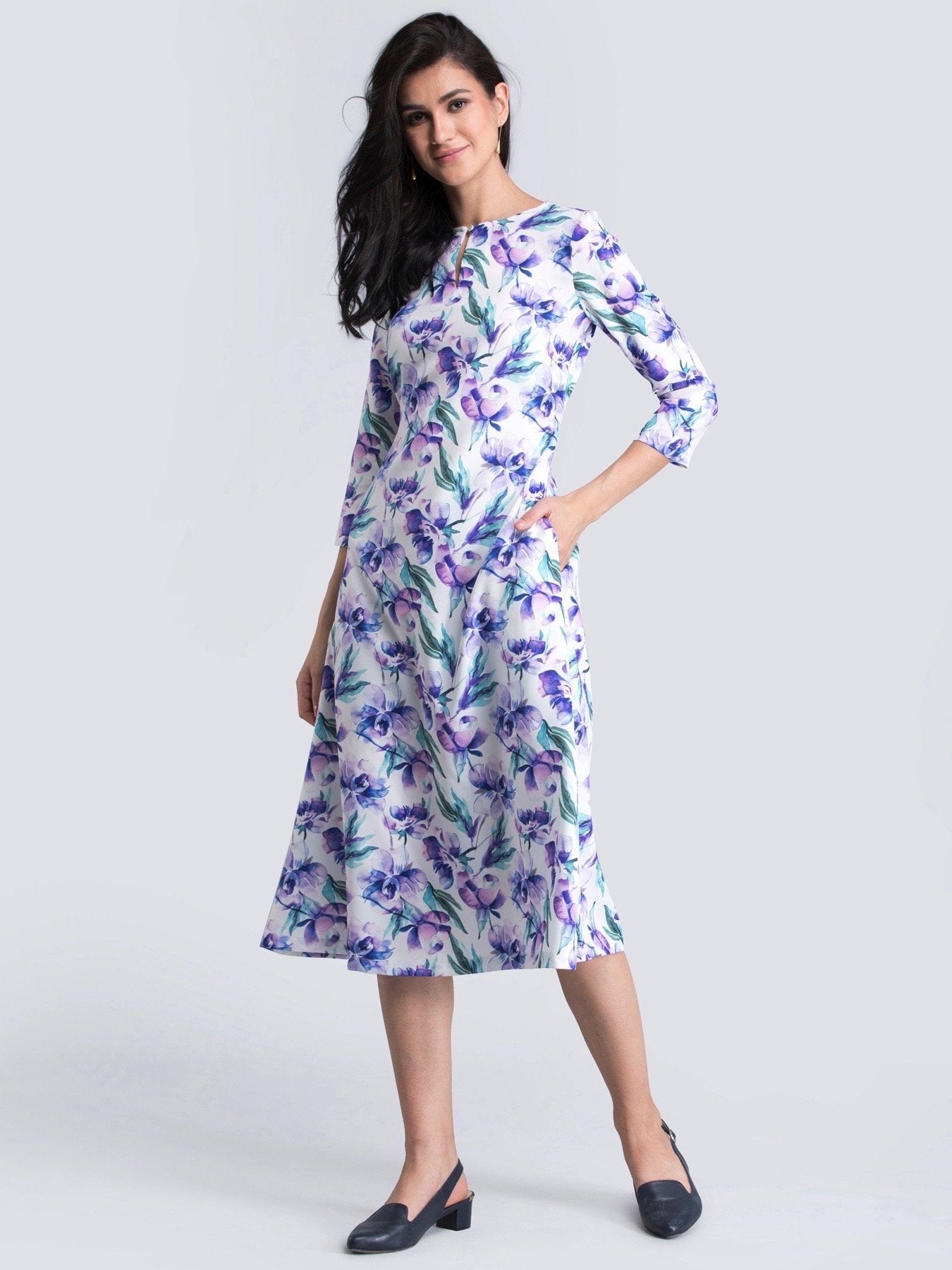 Keyhole Neck Floral A Line Midi Dress - Purple