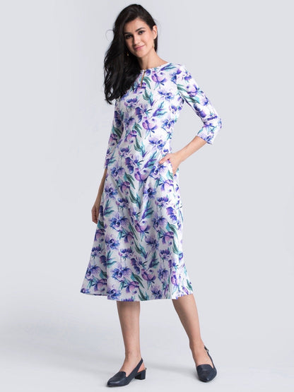 Keyhole Neck Floral A Line Midi Dress - Purple