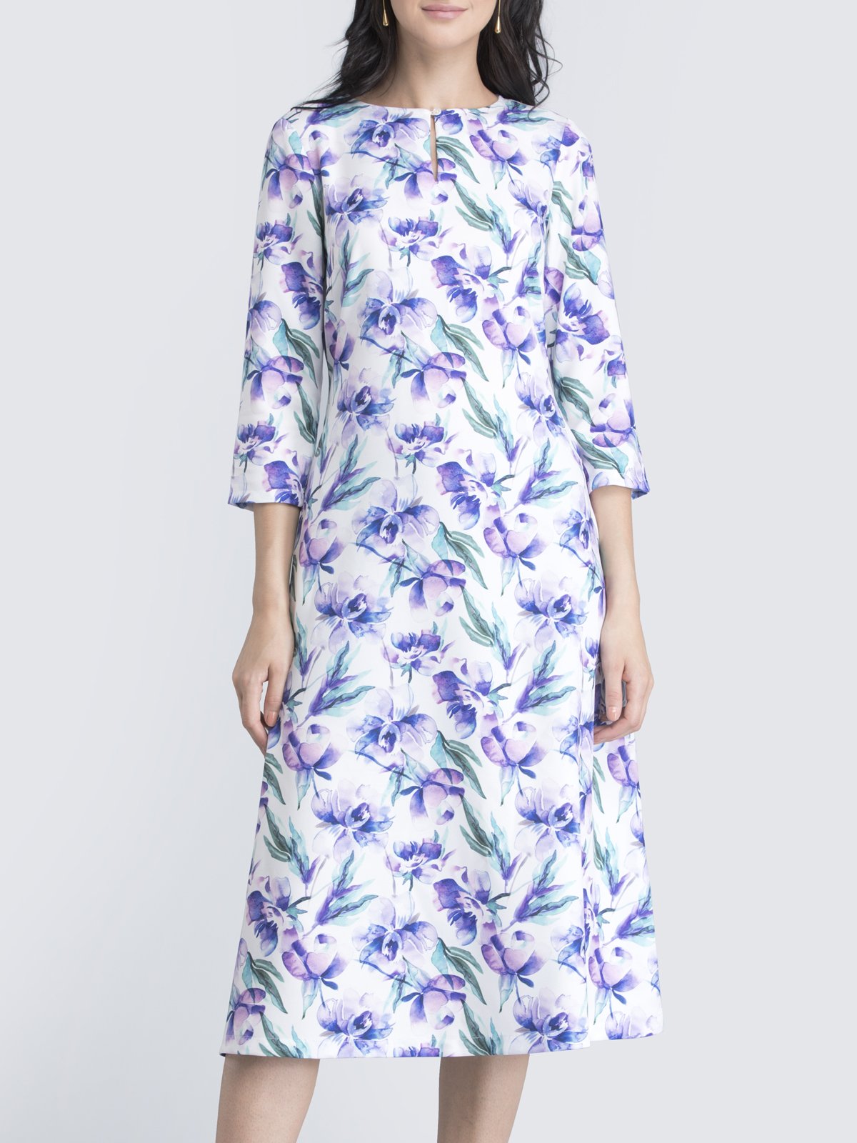 Keyhole Neck Floral A Line Midi Dress - Purple
