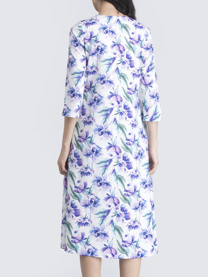 Keyhole Neck Floral A Line Midi Dress - Purple