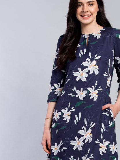 Keyhole Neck Floral Midi Dress - Blue and White