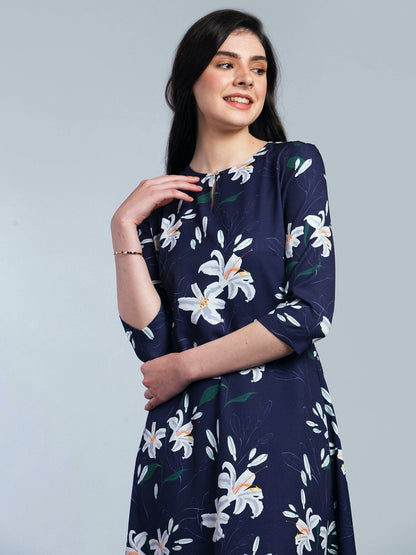 Keyhole Neck Floral Midi Dress - Blue and White