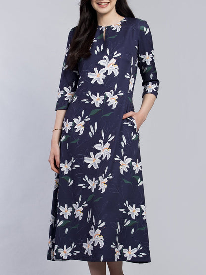 Keyhole Neck Floral Midi Dress - Blue and White