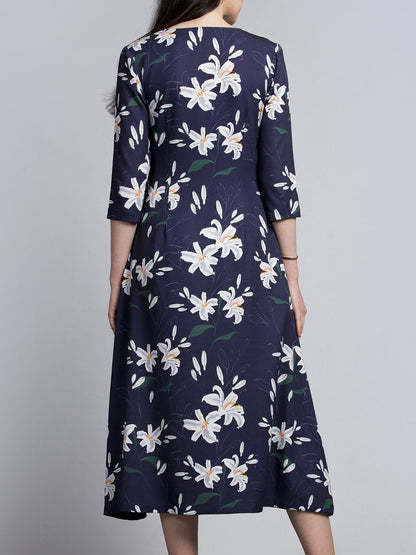 Keyhole Neck Floral Midi Dress - Blue and White