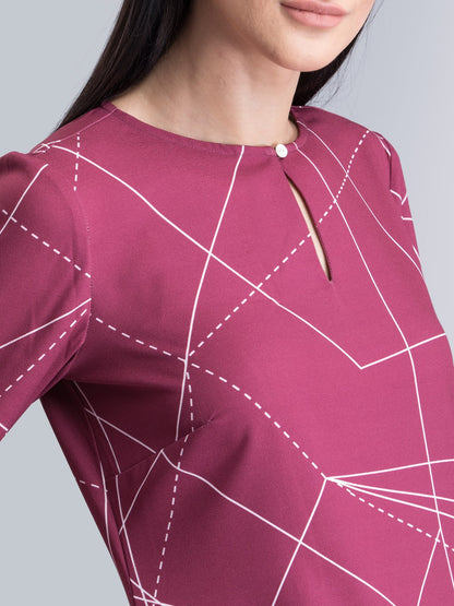 Keyhole Neck Geometric Print Dress - Maroon and White