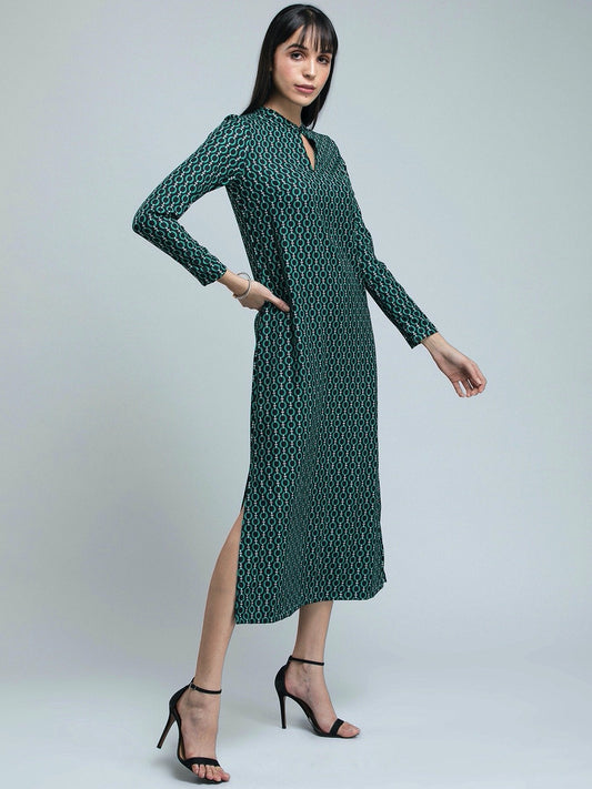 Keyhole Neck Geometric Print Dress - Black and Green
