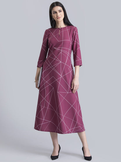 Keyhole Neck Geometric Print Dress - Maroon and White