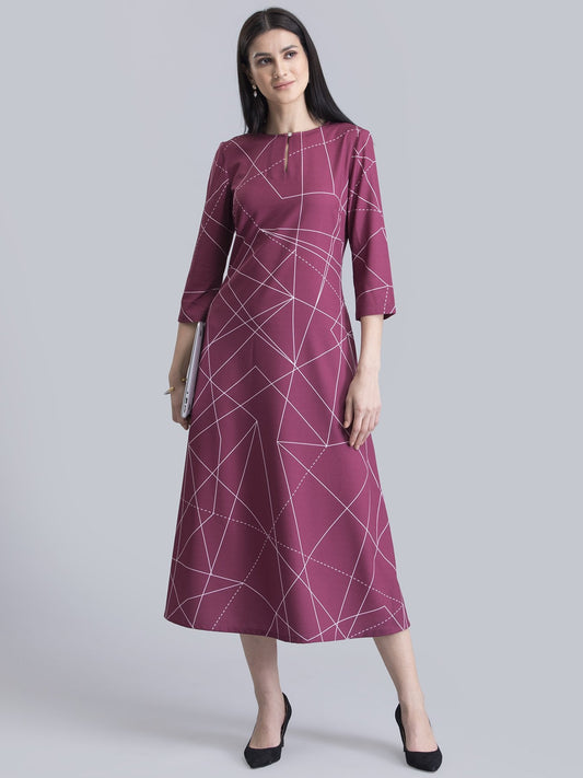 Keyhole Neck Geometric Print Dress - Maroon and White