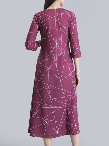 Keyhole Neck Geometric Print Dress - Maroon and White