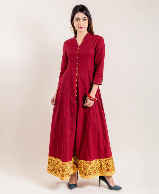 Red Hand Block Printed Floor Length Flared Princess Gown