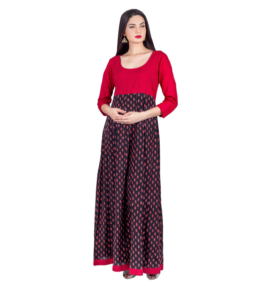 Red / Black Hand Block Printed Long Indo Western Dress with Pintuck Embroidery